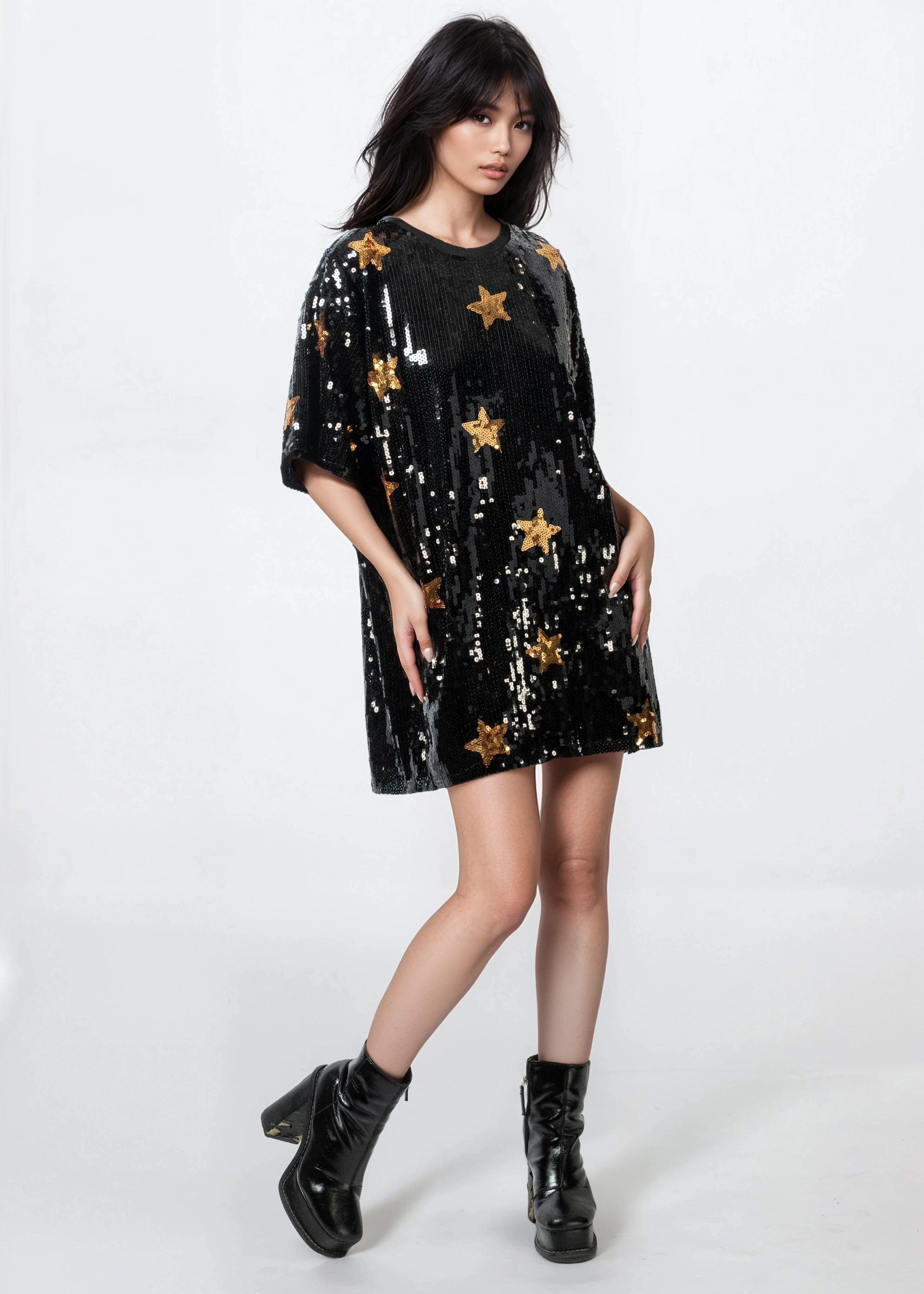 Star Sequin Tee Dress Black & Gold Mini | Kate Hewko Star Sequin Tee Dress Black & Gold Mini | Kate Hewko