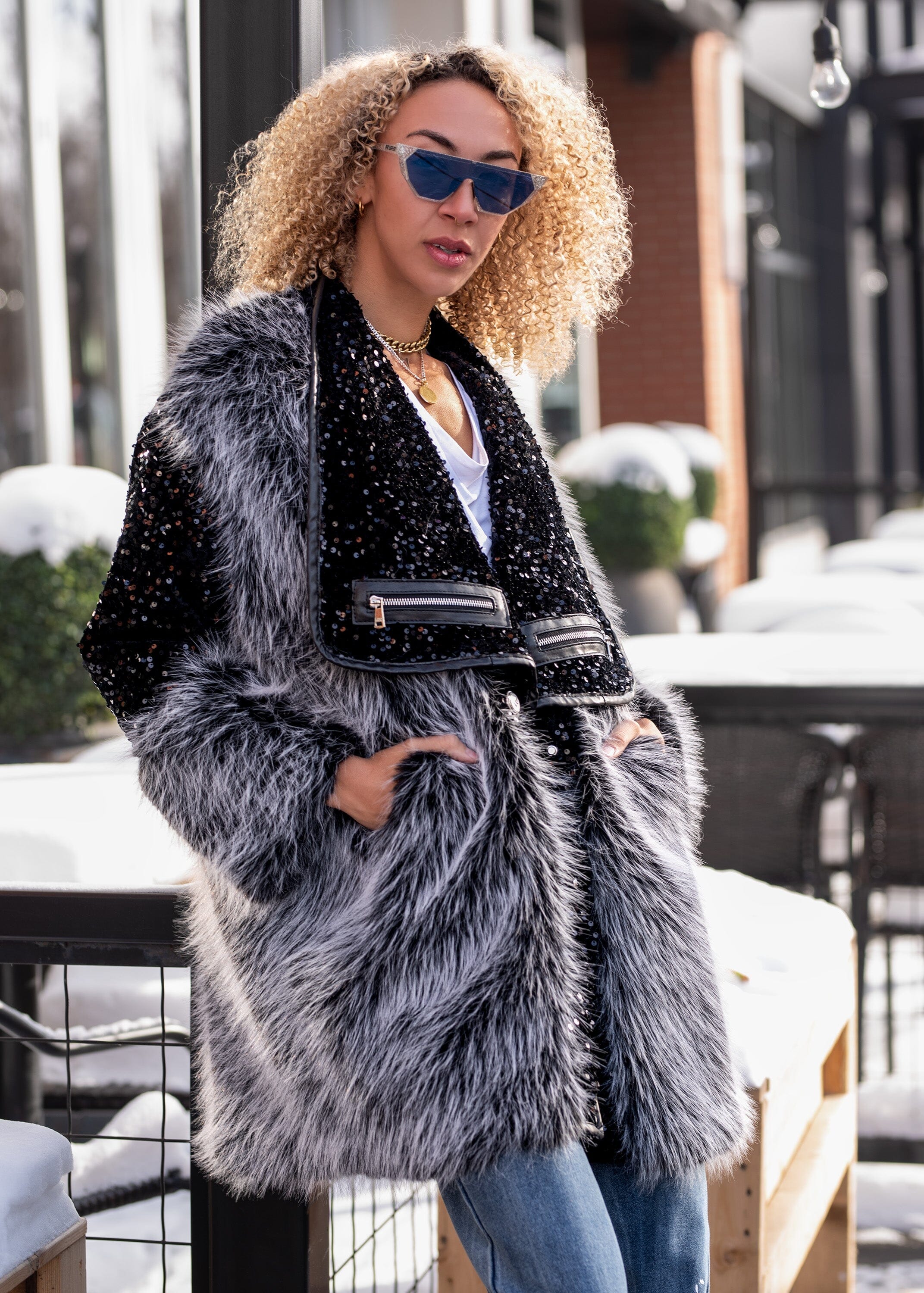 Sequin + Velvet Faux Fur Jacket Outerwear Kate Hewko 