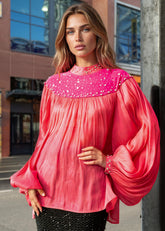 Sequin Yoke Balloon Sleeve Blouse Blouses Kate Hewko Hot Pink One size 