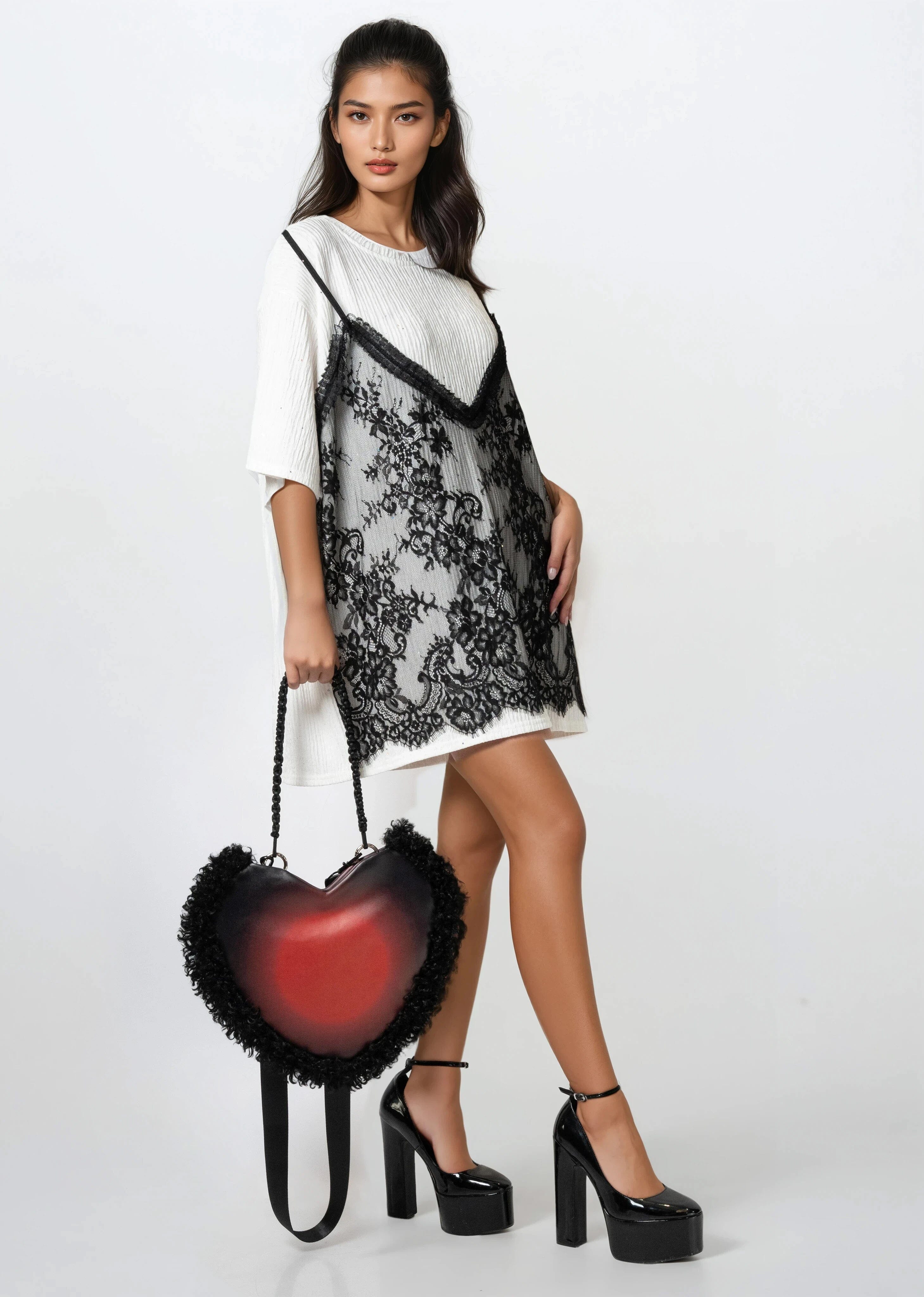 Shag Trim Vegan Leather Heart Bag - Kate Hewko Green Shag Trim Vegan Leather Heart Bag - Kate Hewko Green