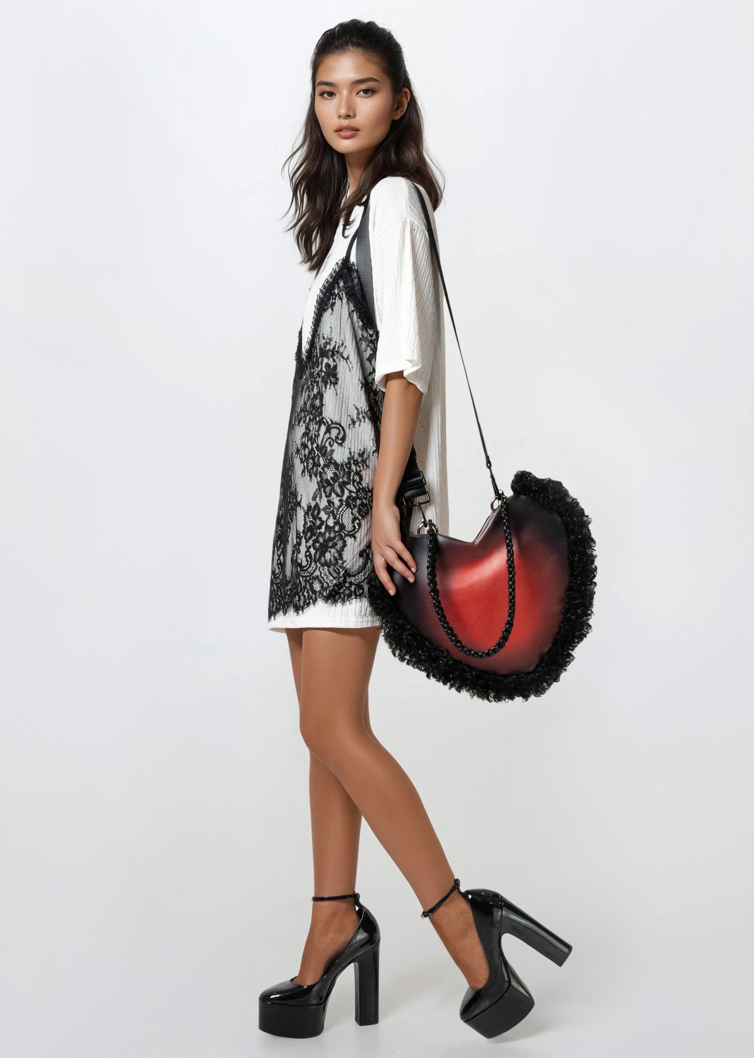 Shag Trim Vegan Leather Heart Bag - Kate Hewko Green Shag Trim Vegan Leather Heart Bag - Kate Hewko Green