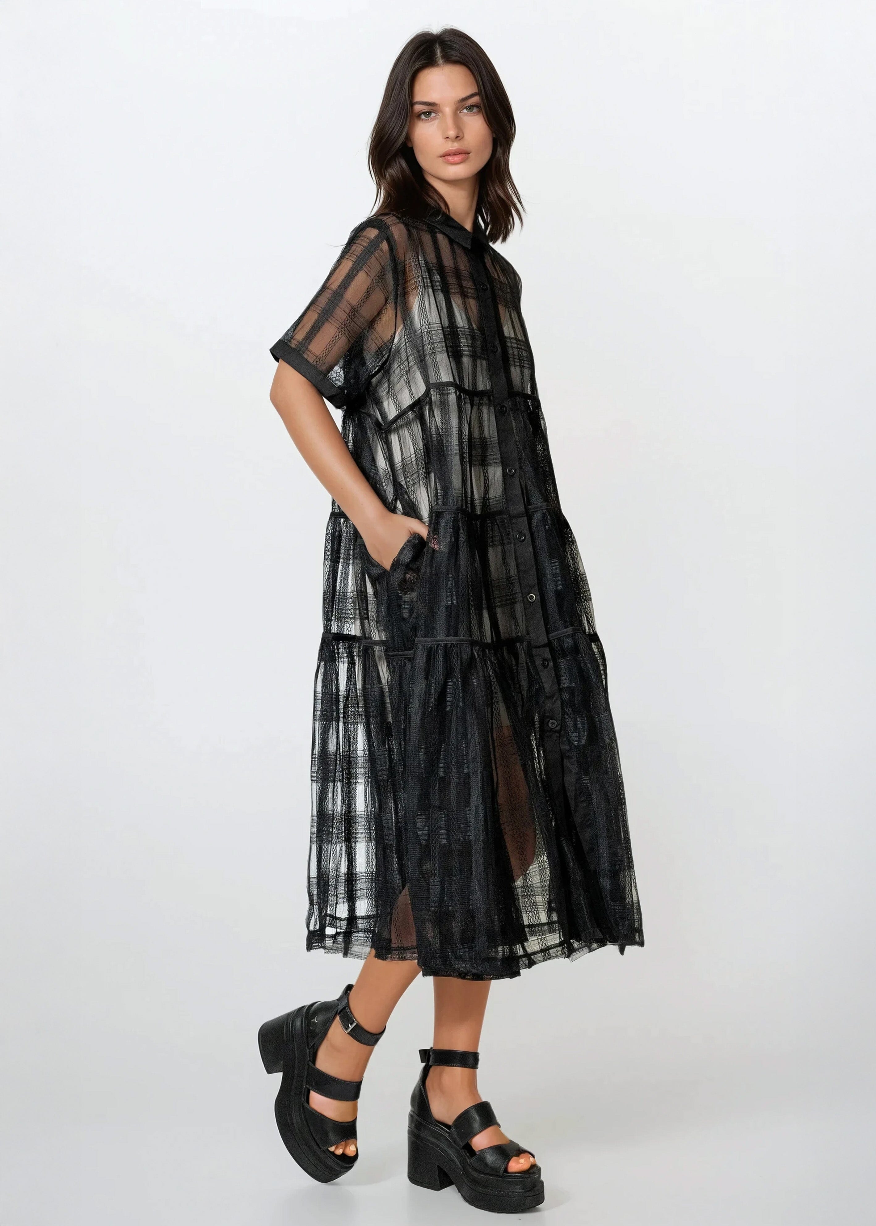 Sheer Textured Shirt Dress - Kate Hewko Sheer Textured Shirt Dress - Kate Hewko