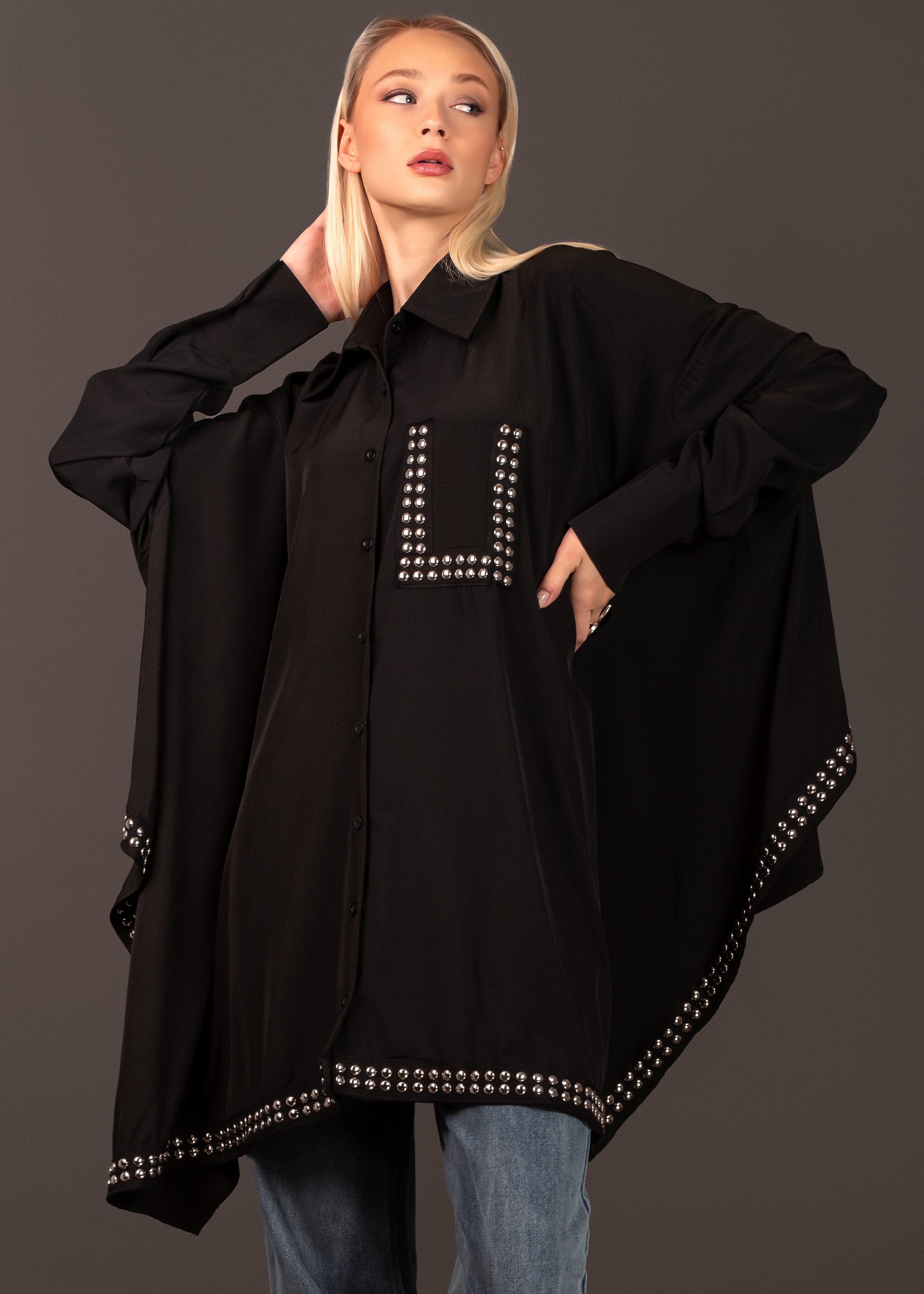 Studded Batwing Button Up Blouses Kate Hewko Black One Size 