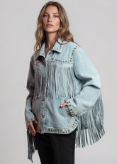 Studded Fringe Denim Jacket Outerwear Kate Hewko 