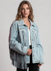 Studded Fringe Denim Jacket Outerwear Kate Hewko 