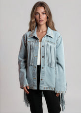 Studded Fringe Denim Jacket Outerwear Kate Hewko 
