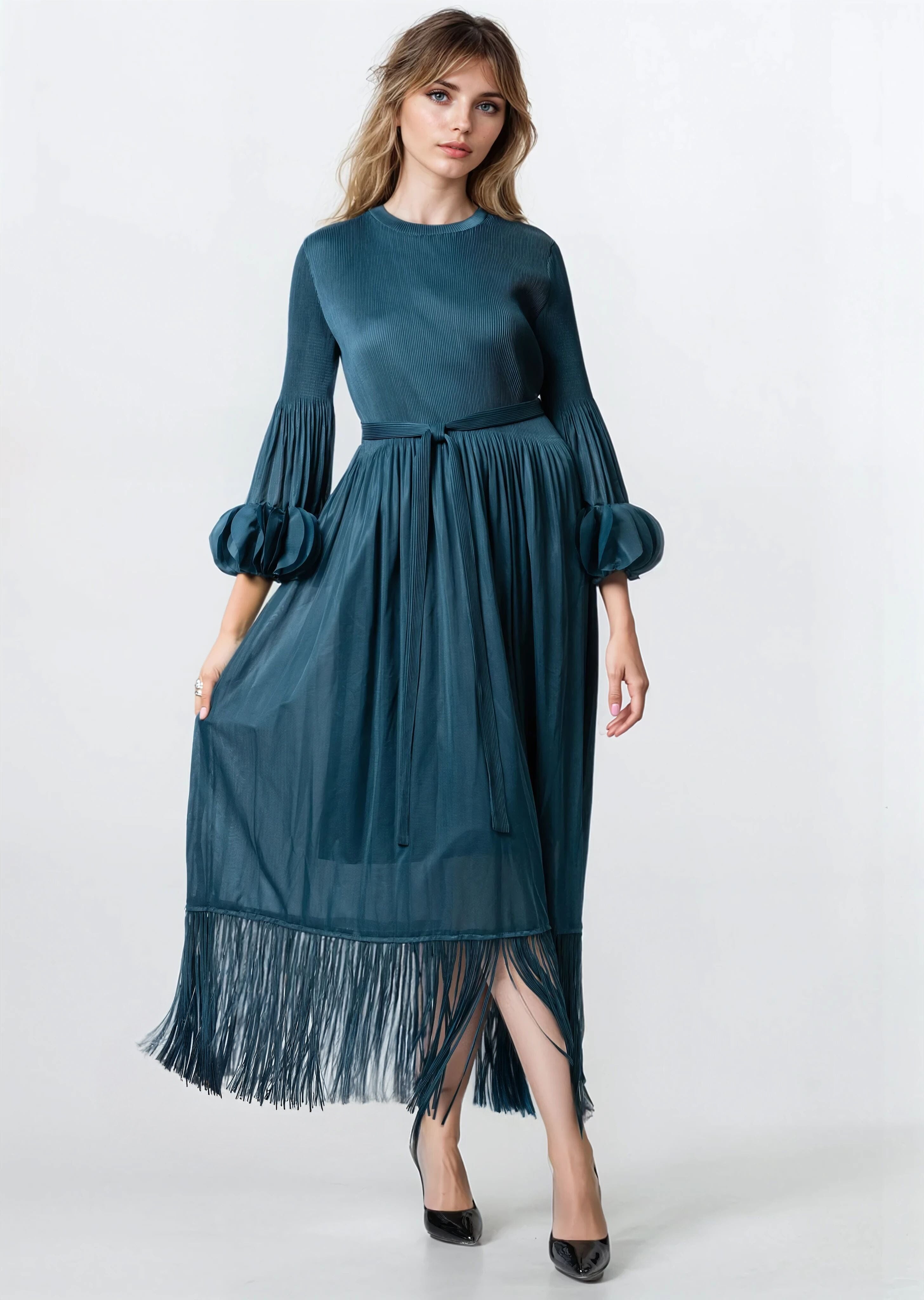 Tassel Hem Belted Pleated Dress - Kate Hewko Teal / One Size Tassel Hem Belted Pleated Dress - Kate Hewko Teal / One Size