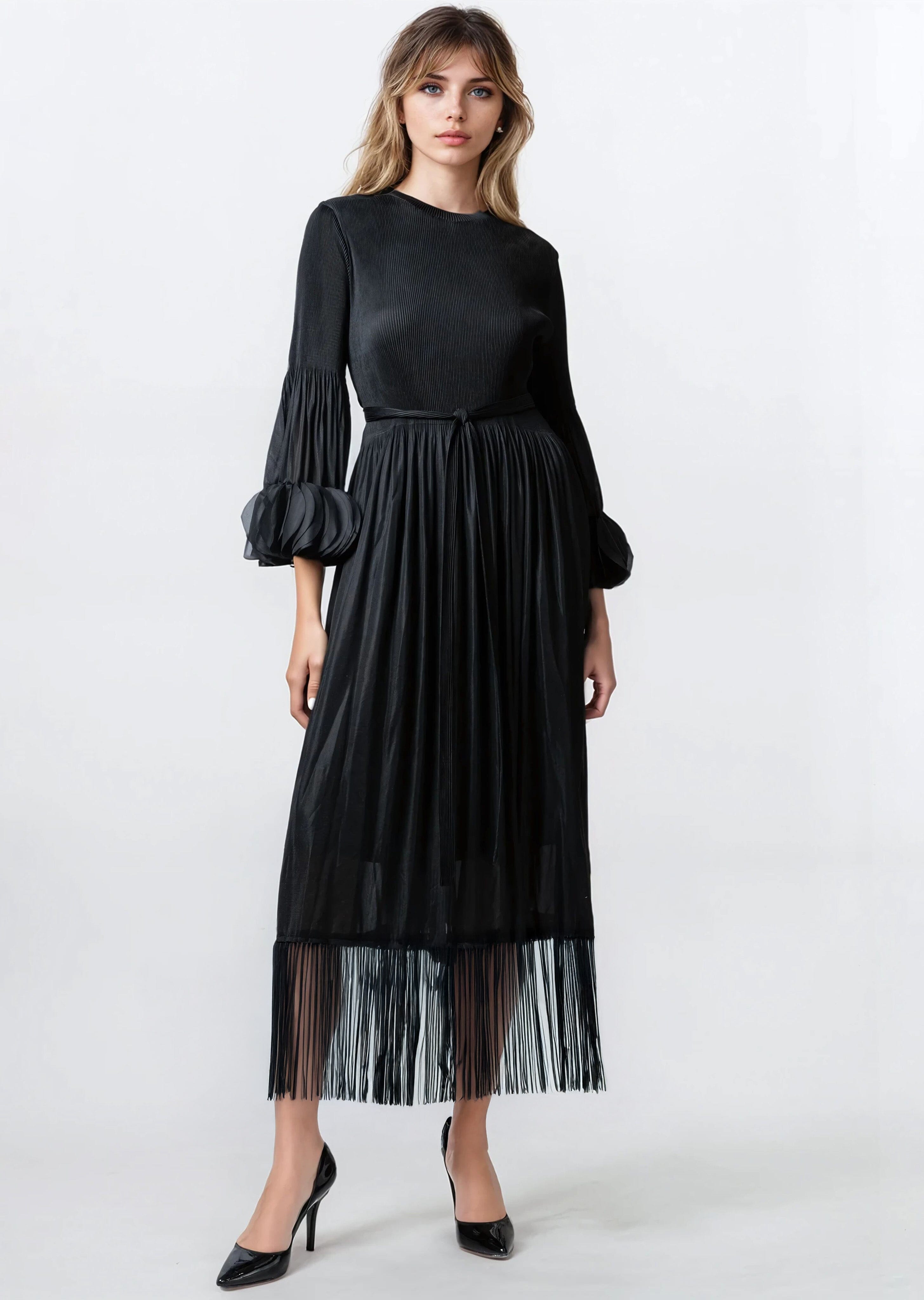 Tassel Hem Belted Pleated Dress - Kate Hewko Teal / One size Tassel Hem Belted Pleated Dress - Kate Hewko Teal / One size