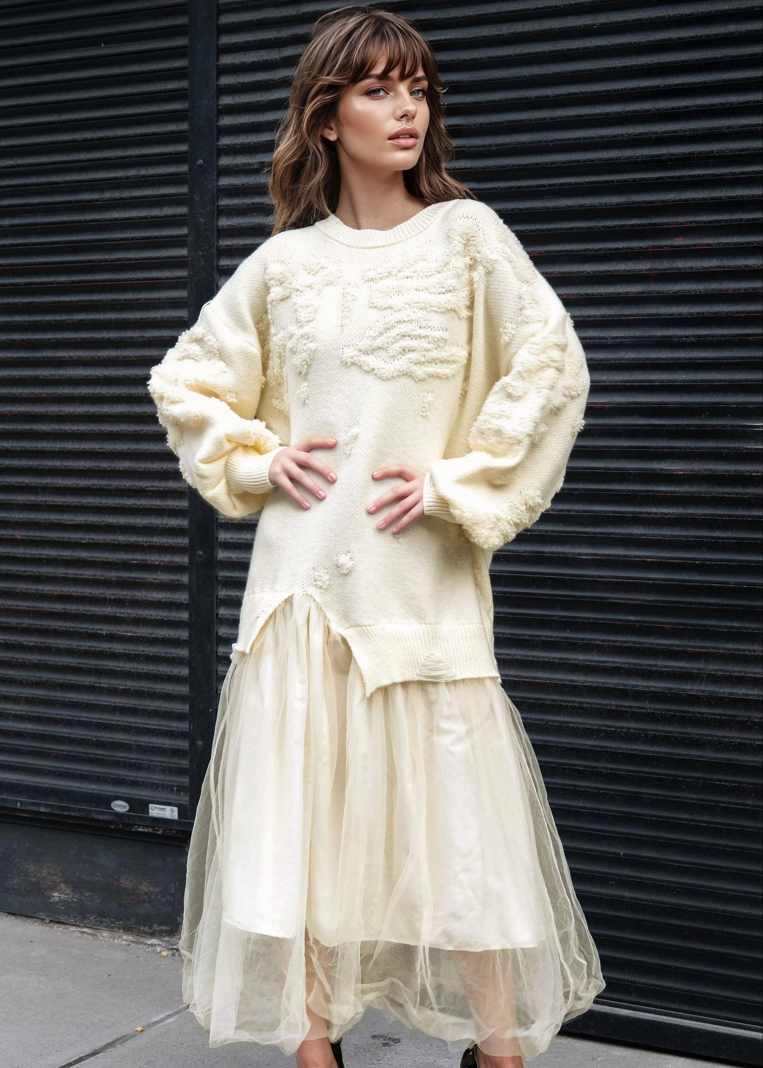 Textured Knit Tulle Sweater Dress Textured Knit Tulle Sweater Dress