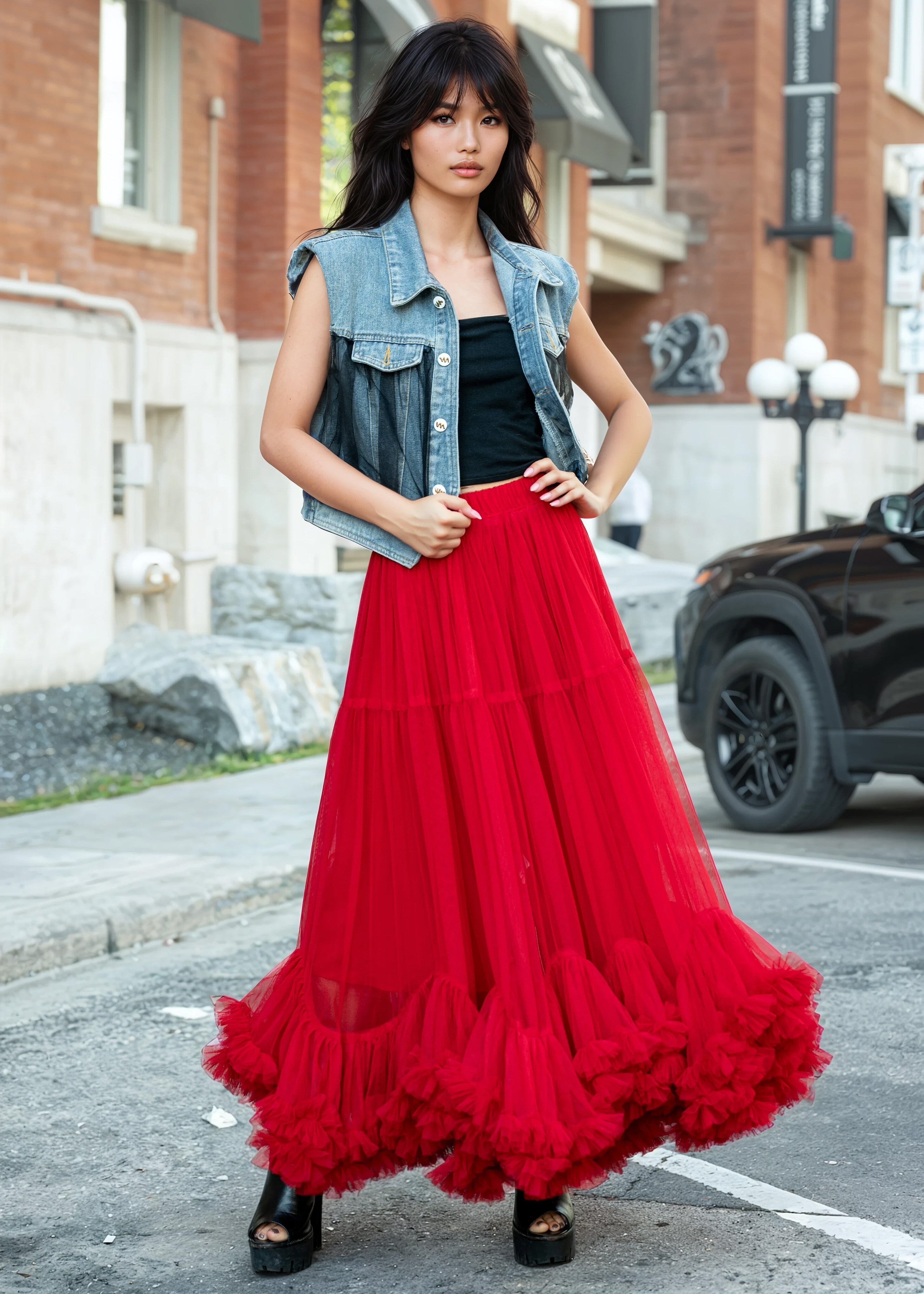 Tiered Hem Maxi Tulle Skirt - Kate Hewko Red / M Tiered Hem Maxi Tulle Skirt - Kate Hewko Red / M