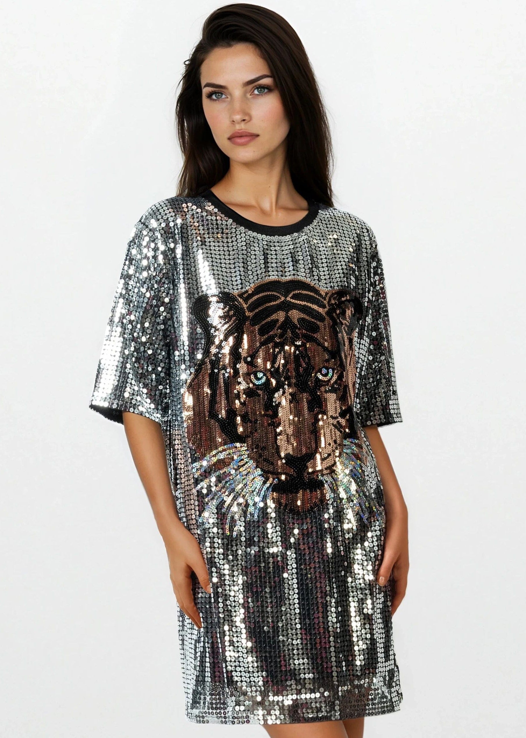 Tiger Head Sequin Tee Dress Sequin Mini | Kate Hewko Black / Curve Tiger Head Sequin Tee Dress Sequin Mini | Kate Hewko Black / Curve