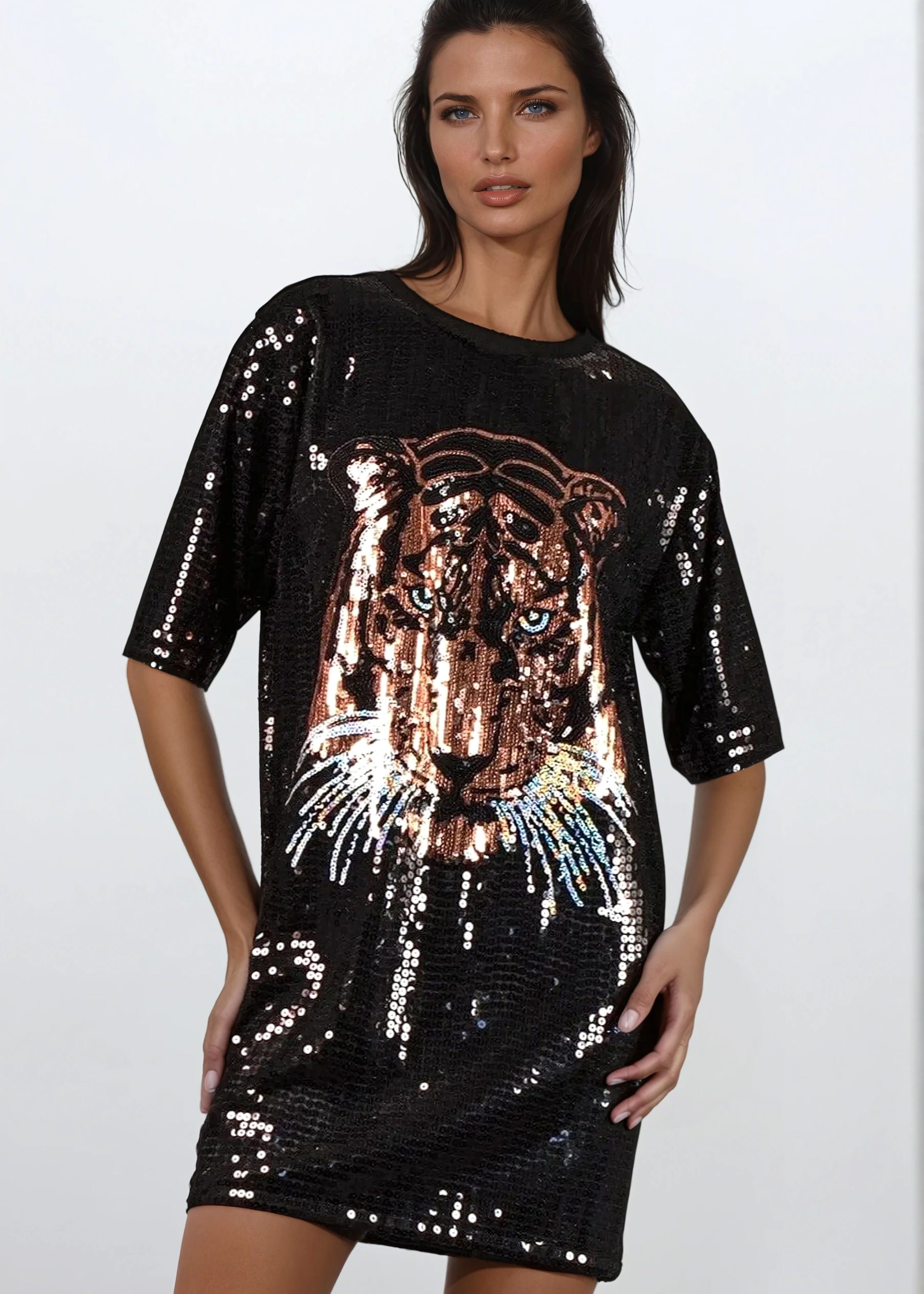 Tiger Head Sequin Tee Dress Sequin Mini | Kate Hewko Black / Curve Tiger Head Sequin Tee Dress Sequin Mini | Kate Hewko Black / Curve