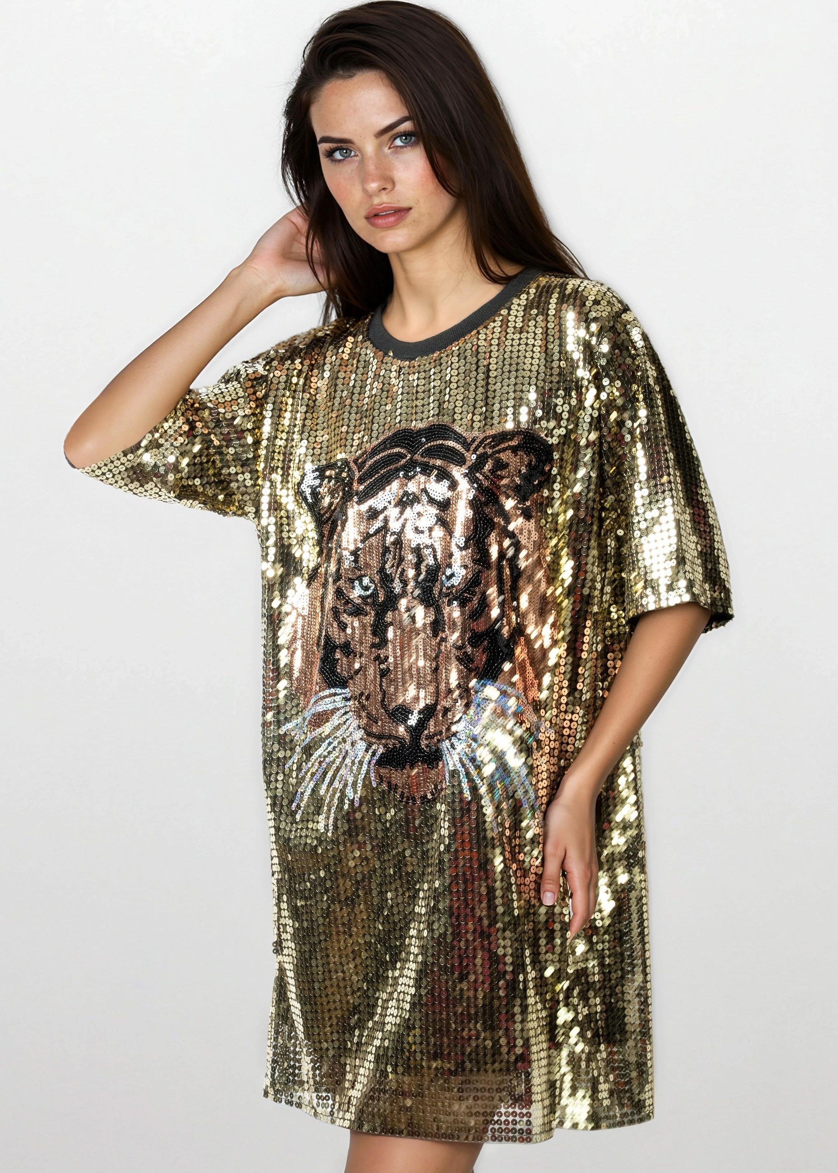 Tiger Head Sequin Tee Dress Sequin Mini | Kate Hewko Black / Curve Tiger Head Sequin Tee Dress Sequin Mini | Kate Hewko Black / Curve