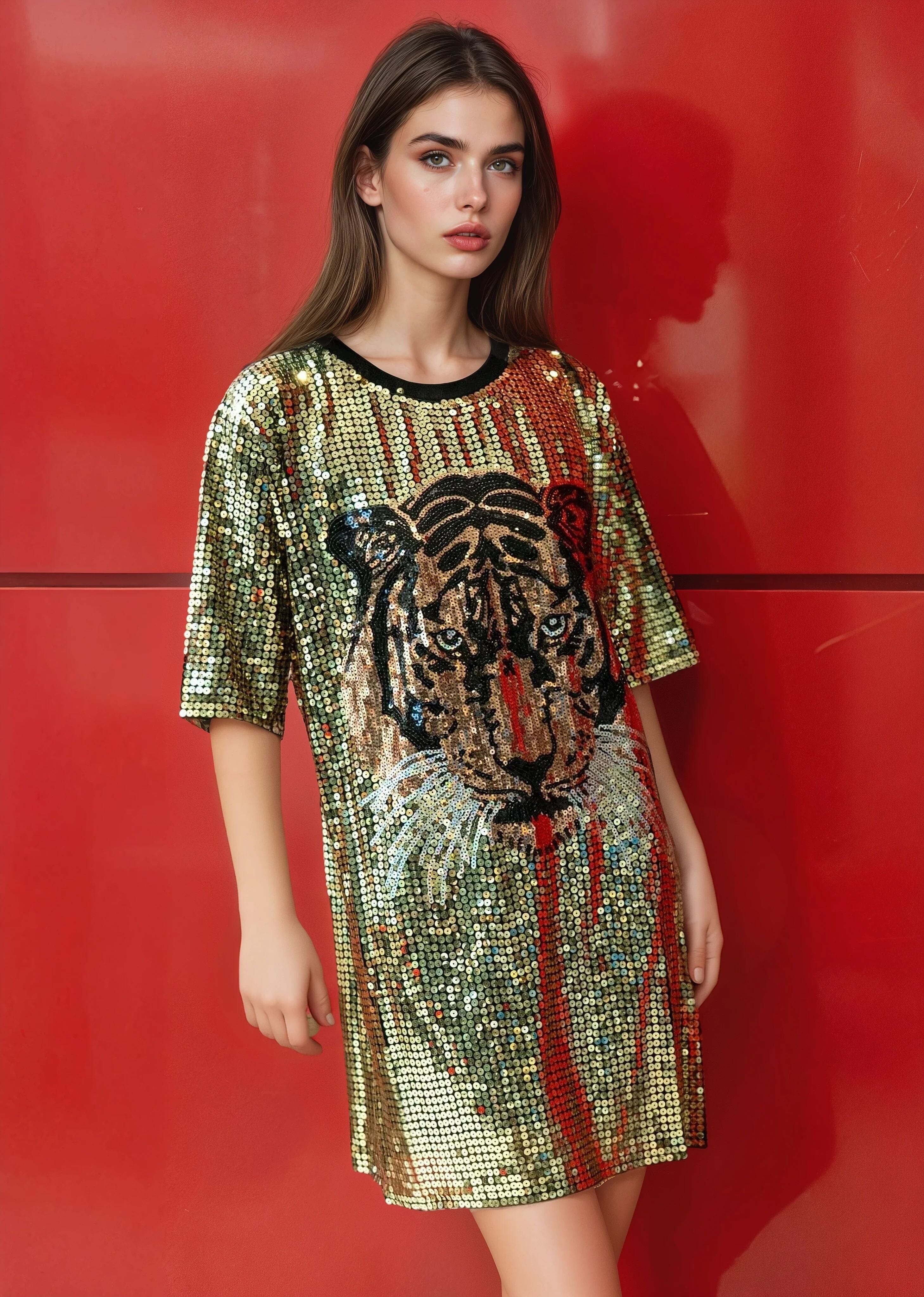 Tiger Head Sequin Tee Dress Sequin Mini | Kate Hewko Black / Curve Tiger Head Sequin Tee Dress Sequin Mini | Kate Hewko Black / Curve