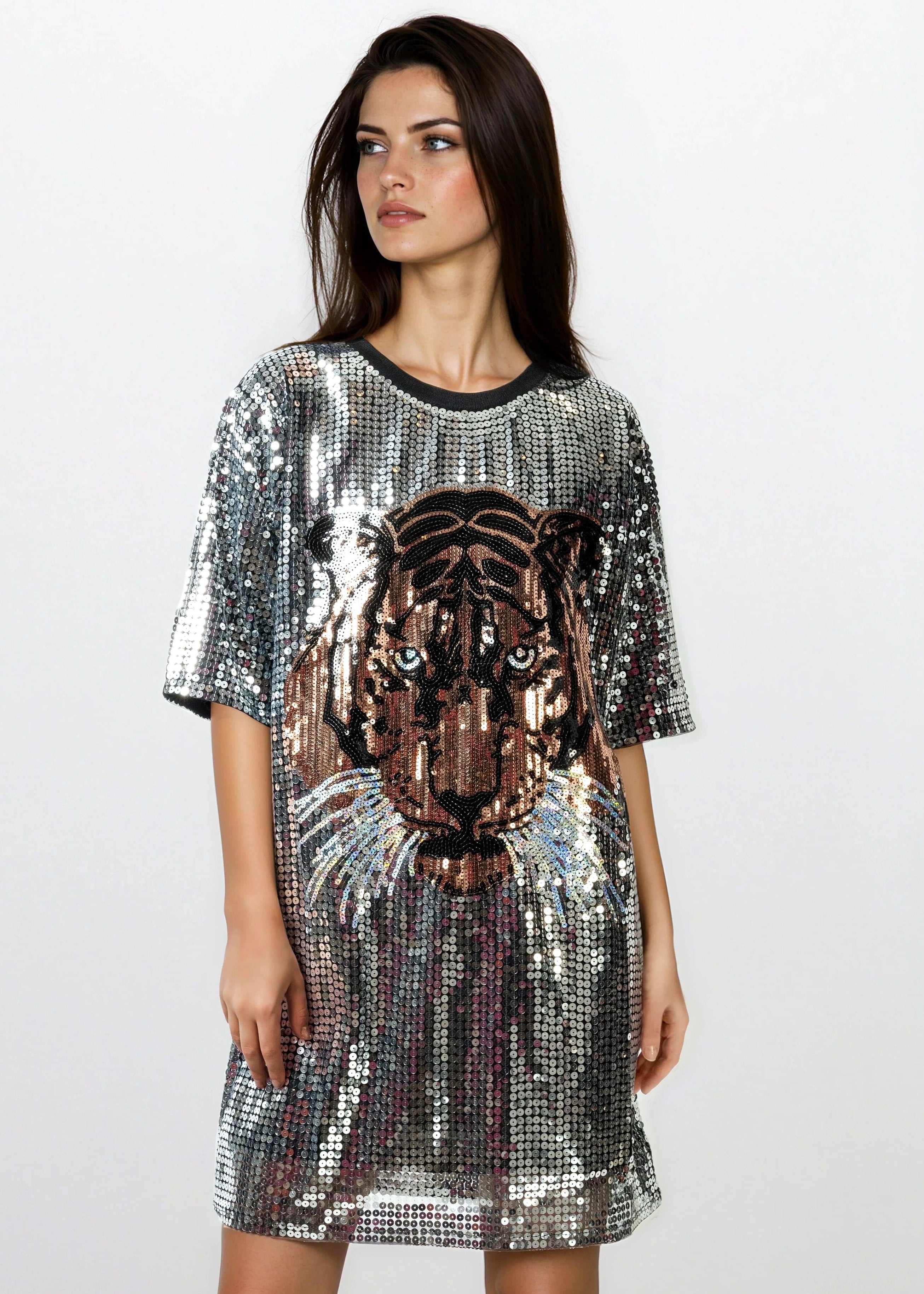 Tiger Head Sequin Tee Dress Sequin Mini | Kate Hewko Black / Curve Tiger Head Sequin Tee Dress Sequin Mini | Kate Hewko Black / Curve