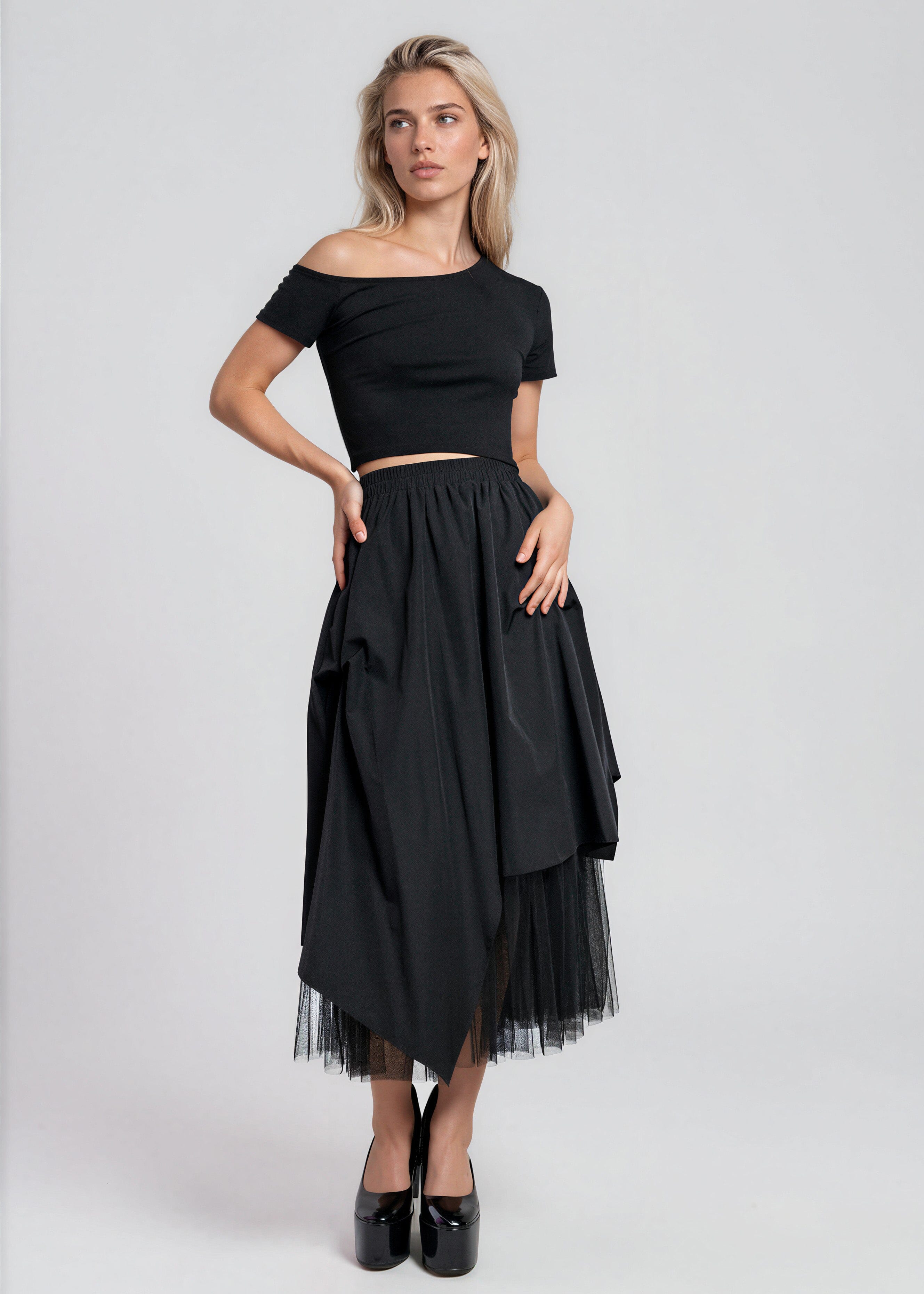 Tulle Contrast Midi Skirt