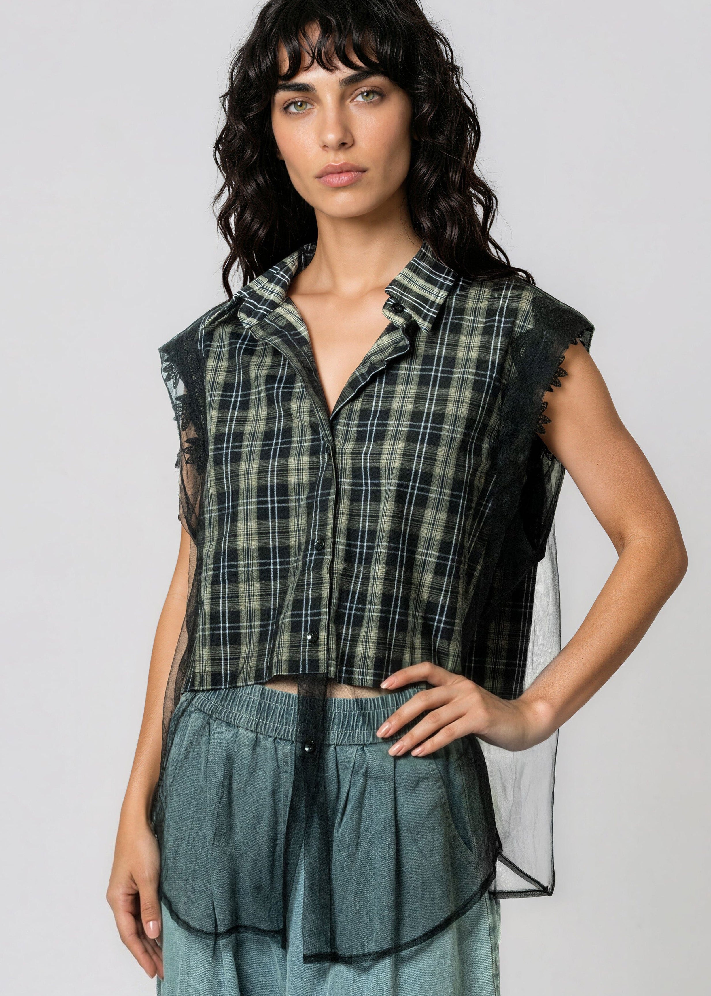 Tulle Overlay Plaid Vest Tank Tops Kate Hewko 