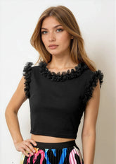 Tulle Trimmed Cropped Tank Top Tank Tops Kate Hewko 
