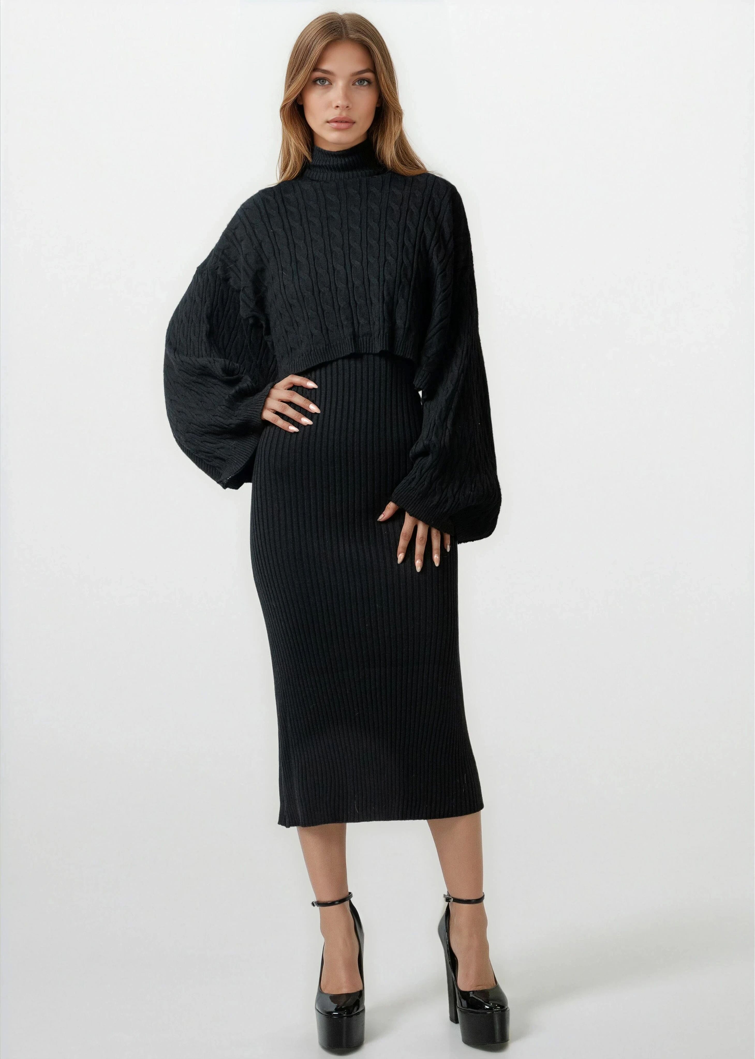 Turtleneck Knitted Dress Set - Kate Hewko Black / One size Turtleneck Knitted Dress Set - Kate Hewko Black / One size