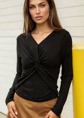 Twist Front Rhinestone Long Sleeve Long Sleeve Tees Kate Hewko Black One size 