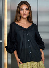 V Neck Puff Sleeve Blouse Blouses Kate Hewko Black One size 