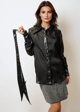 Vegan Leather Sheer Button Up Blouse Blouses Kate Hewko 