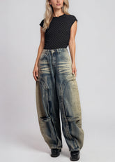 Washed Denim Studded Barrel Pant Pants Kate Hewko 