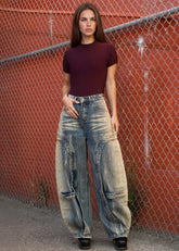 Washed Denim Studded Barrel Pant Pants Kate Hewko 
