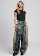 Washed Denim Studded Barrel Pant Pants Kate Hewko 