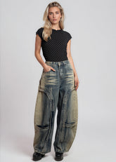 Washed Denim Studded Barrel Pant Pants Kate Hewko 