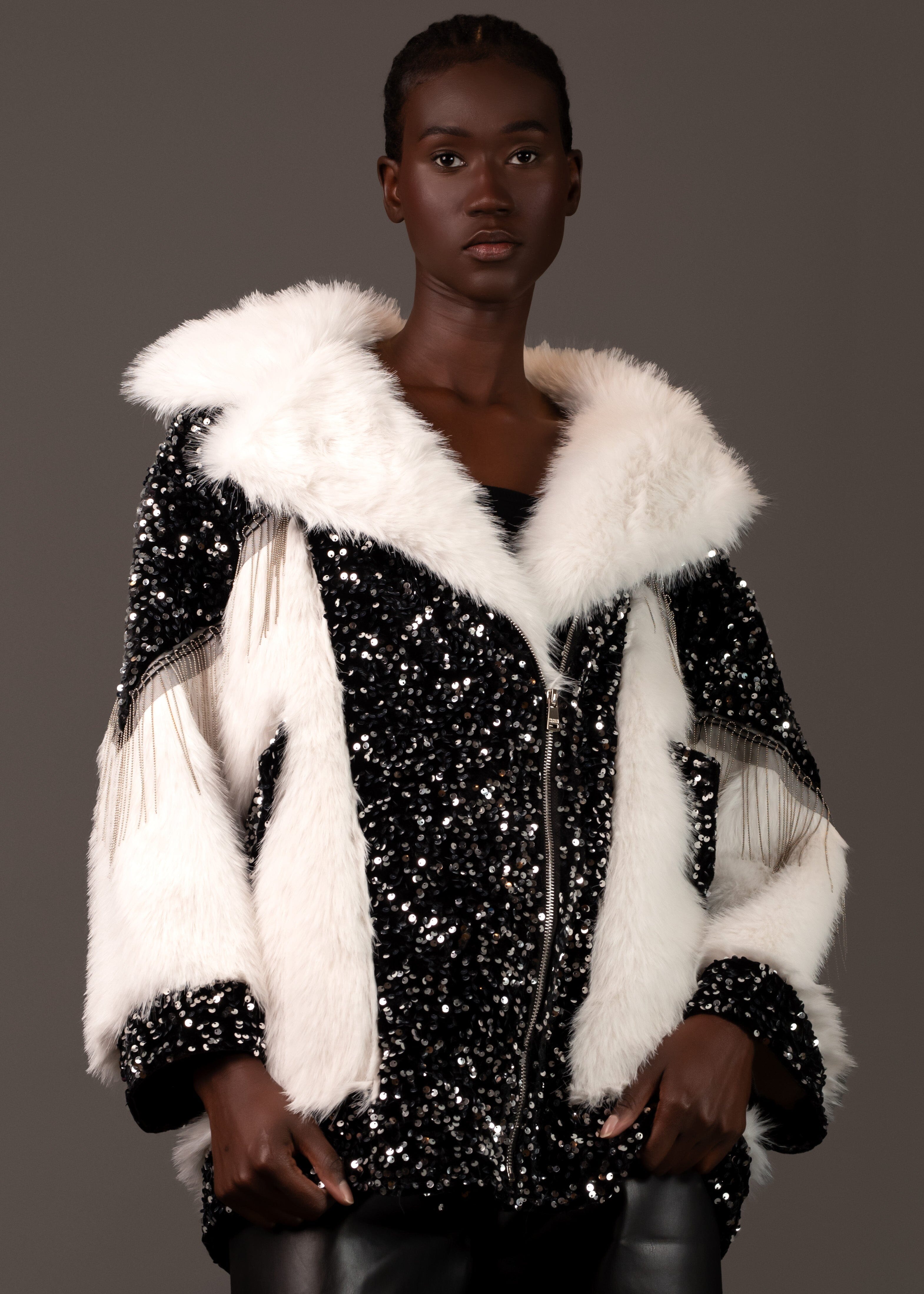 White Faux Fur Sequin Jacket Outerwear Kate Hewko 