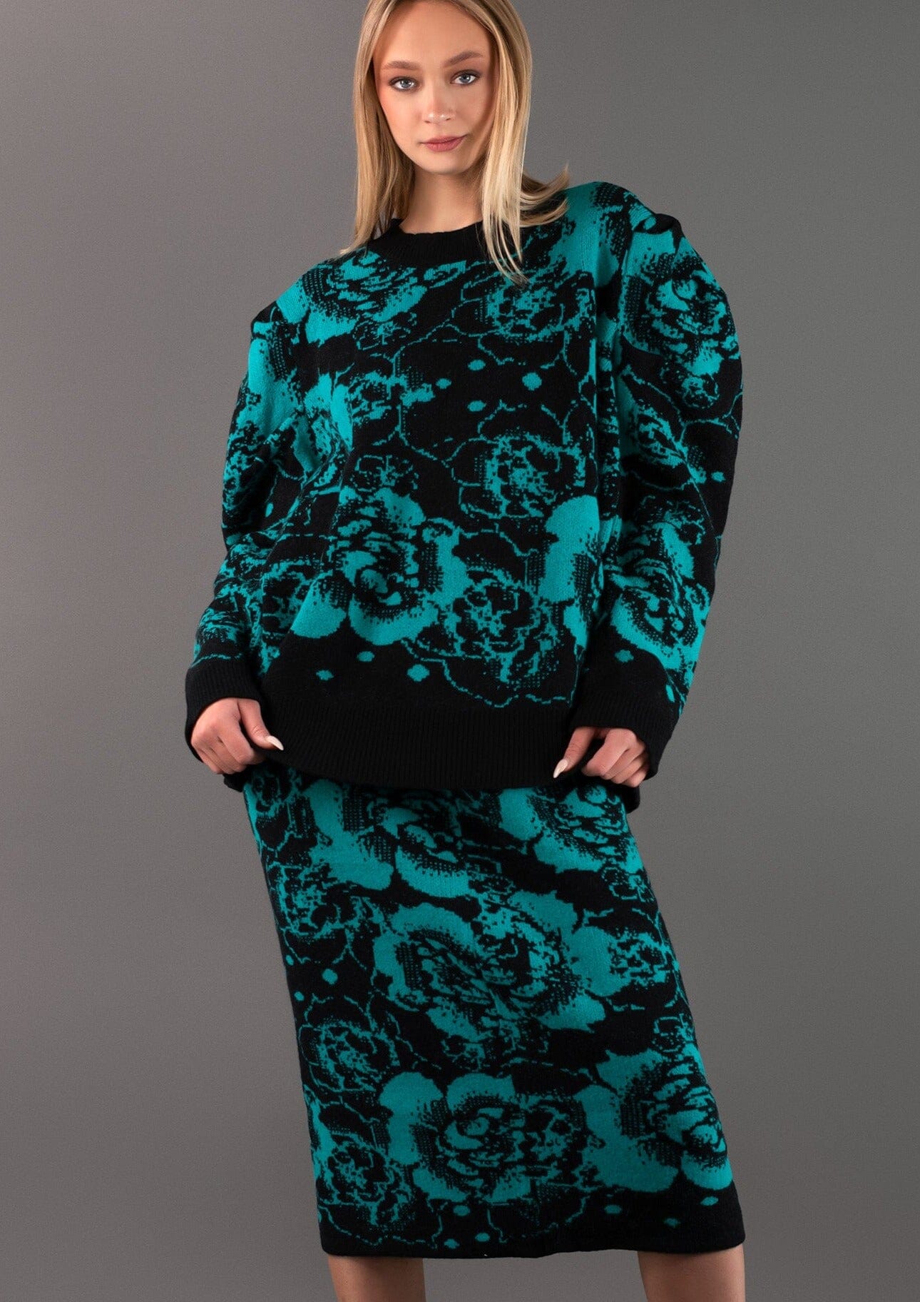 Abstract Floral Two Piece Knit Set Two Piece Sets Kate Hewko One Size Teal 
