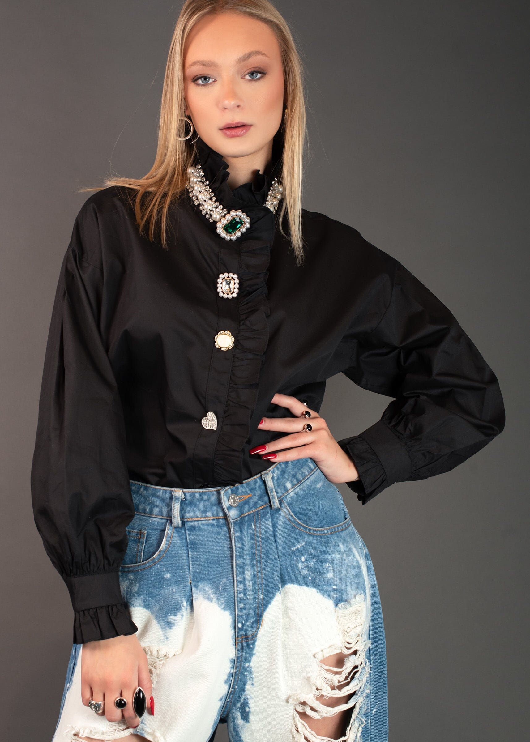Avant Garde Embellished Dress Shirt Blouses Kate Hewko Black One Size 