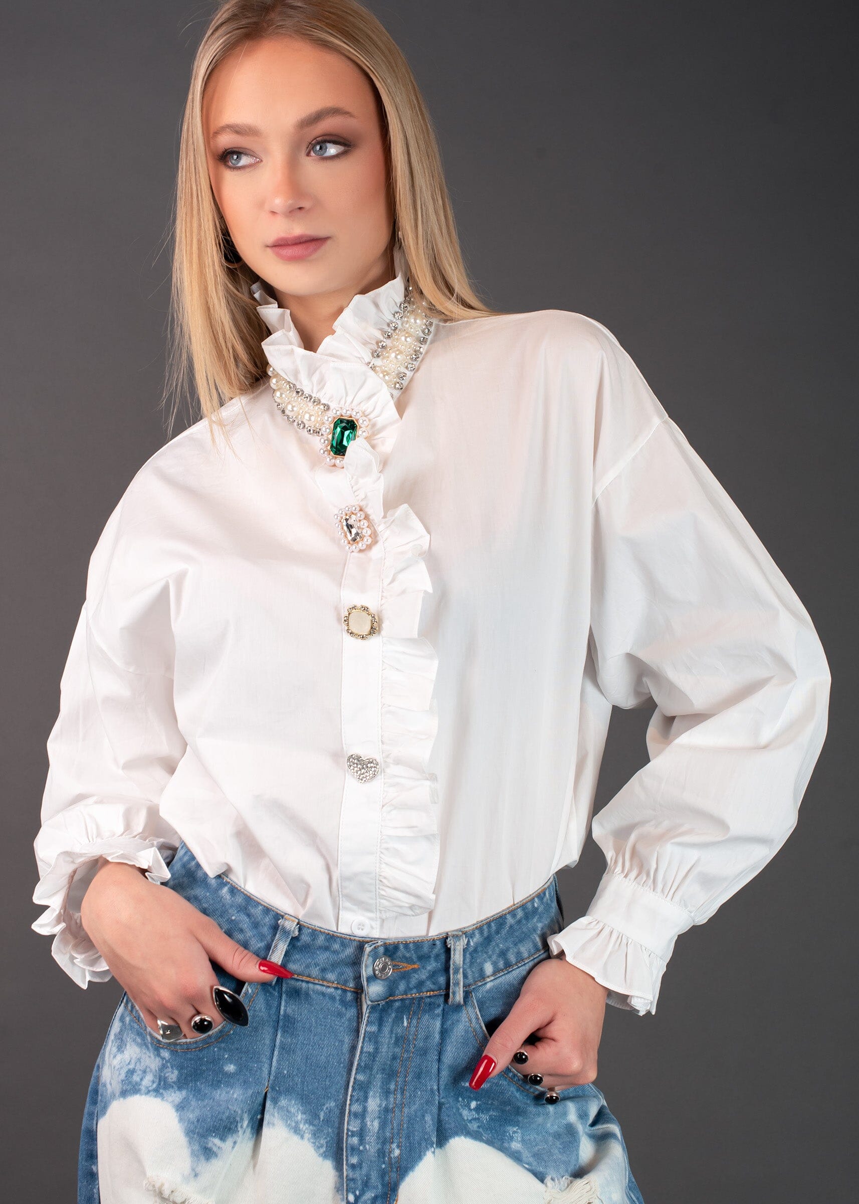 Avant Garde Embellished Dress Shirt Blouses Kate Hewko White One Size 
