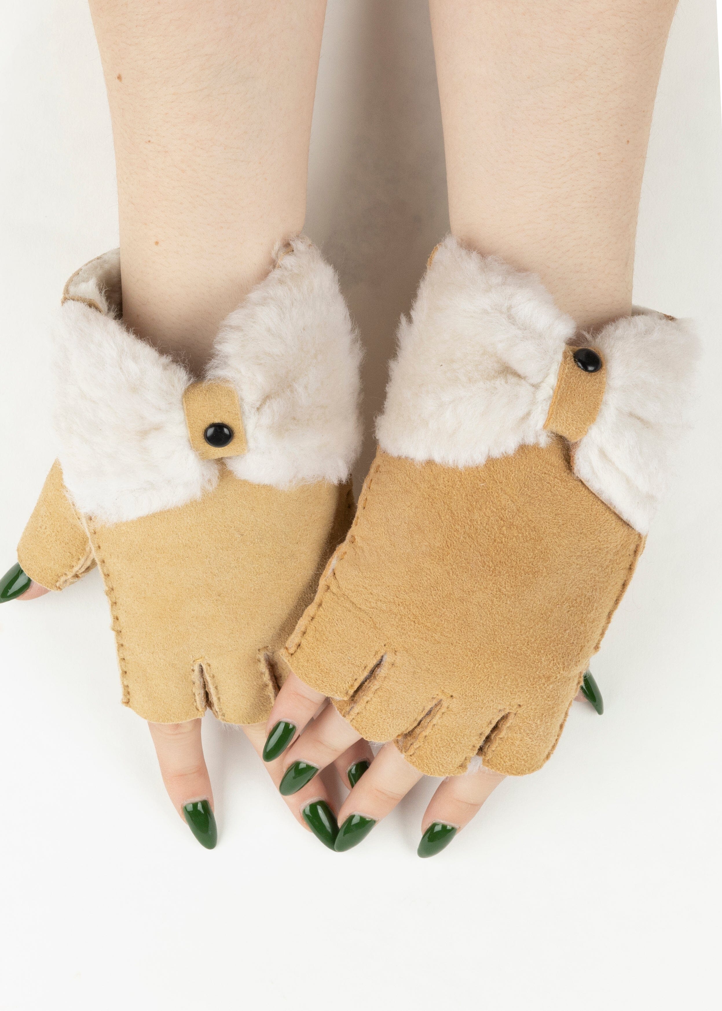 Bow Shearling Fingerless Gloves Gloves Kate Hewko Camel 