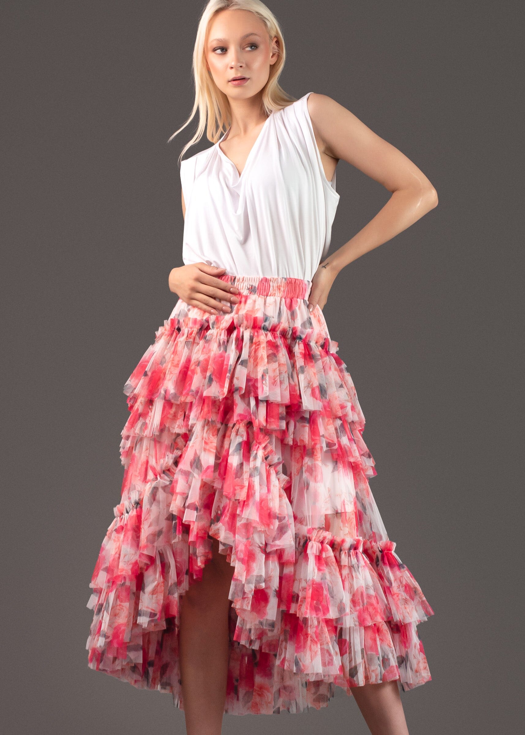 Floral Tiered Tulle Skirt Skirts Kate Hewko Pink 