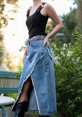 Front Slit Denim Midi Skirt Belts Kate Hewko 