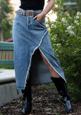 Front Slit Denim Midi Skirt Belts Kate Hewko Light Denim S 