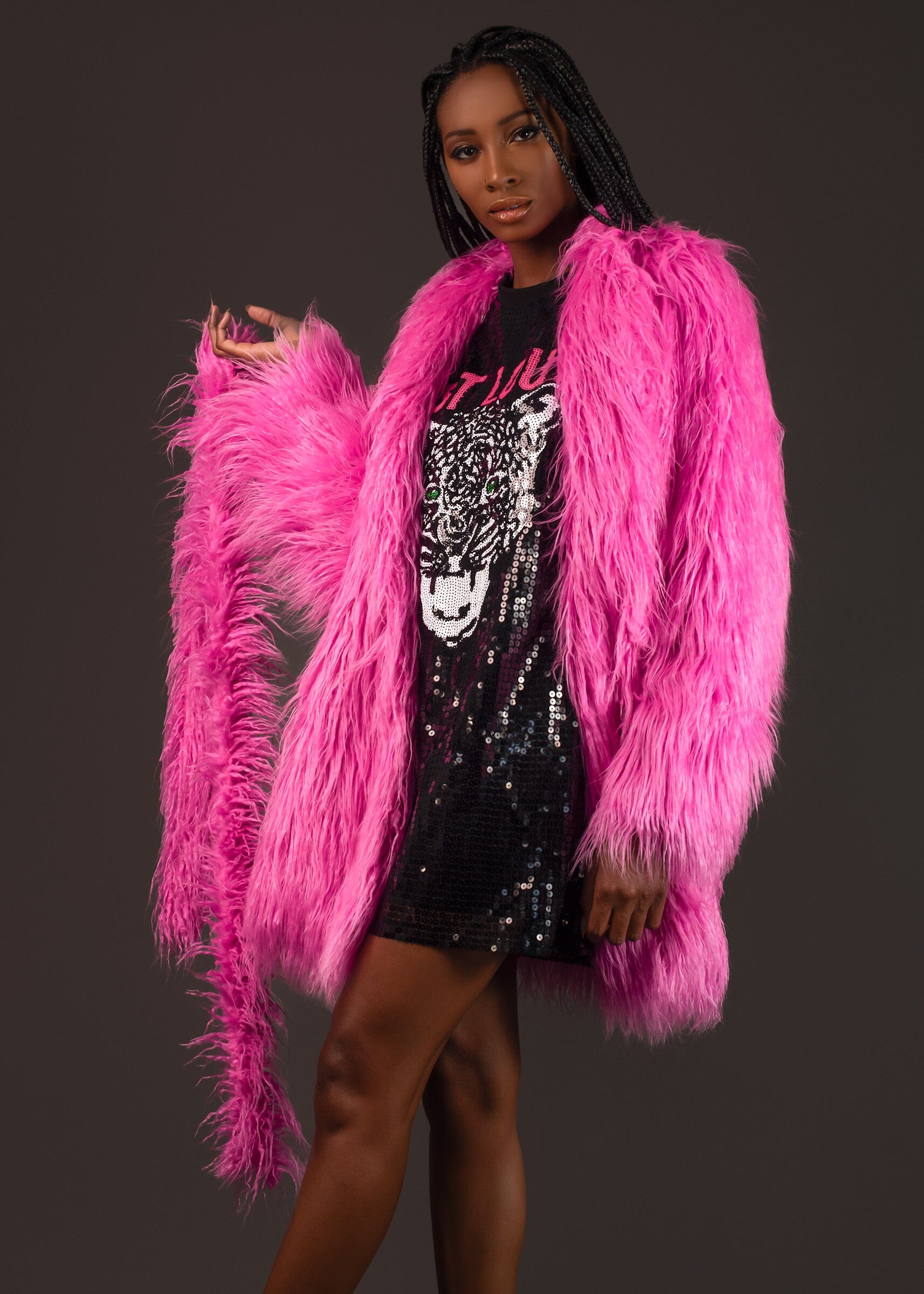 Faux Hot Pink Fluffy Coat Hot Pink Shawl Lapel Oversized Faux Fur