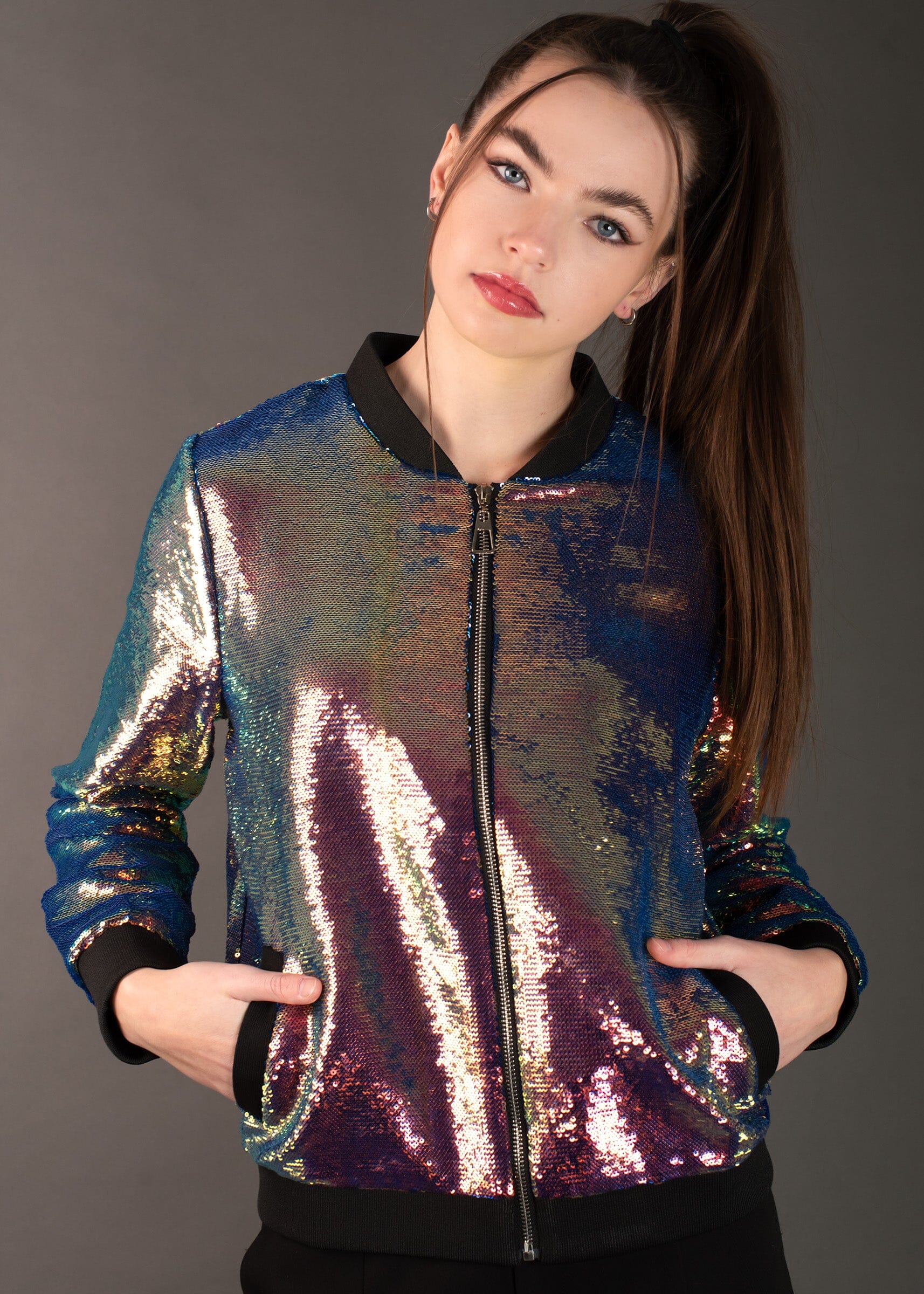Iridescent Sequin Bomber Outerwear Kate Hewko 