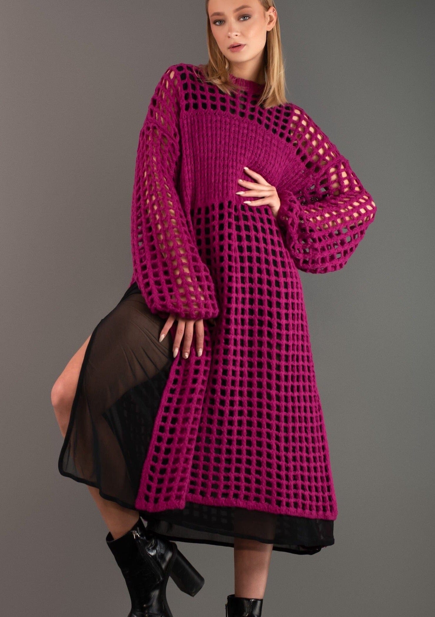 Long Chunky Crochet Overlay Sweaters Kate Hewko Pink S 