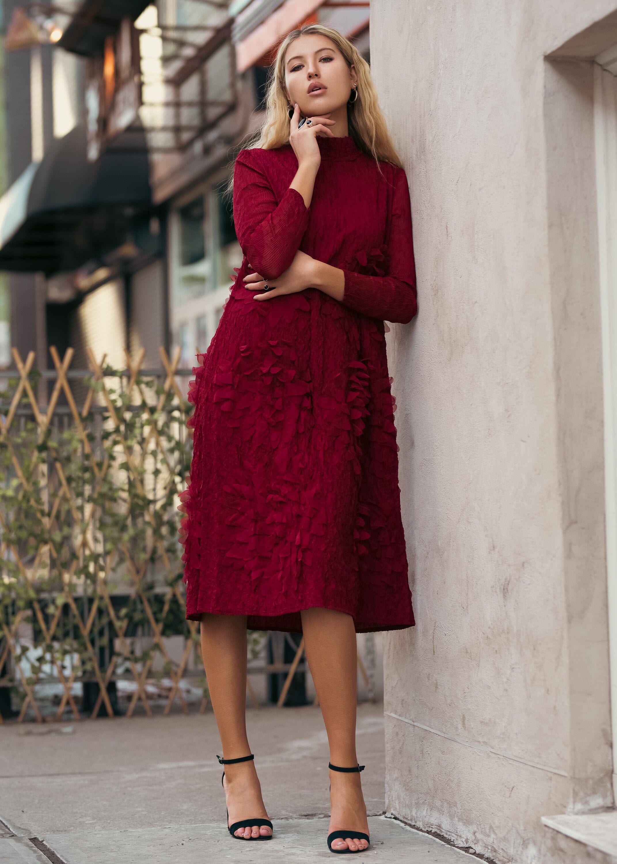 Mock Neck Textured Petal Dress Dresses Kate Hewko One Size Merlot 