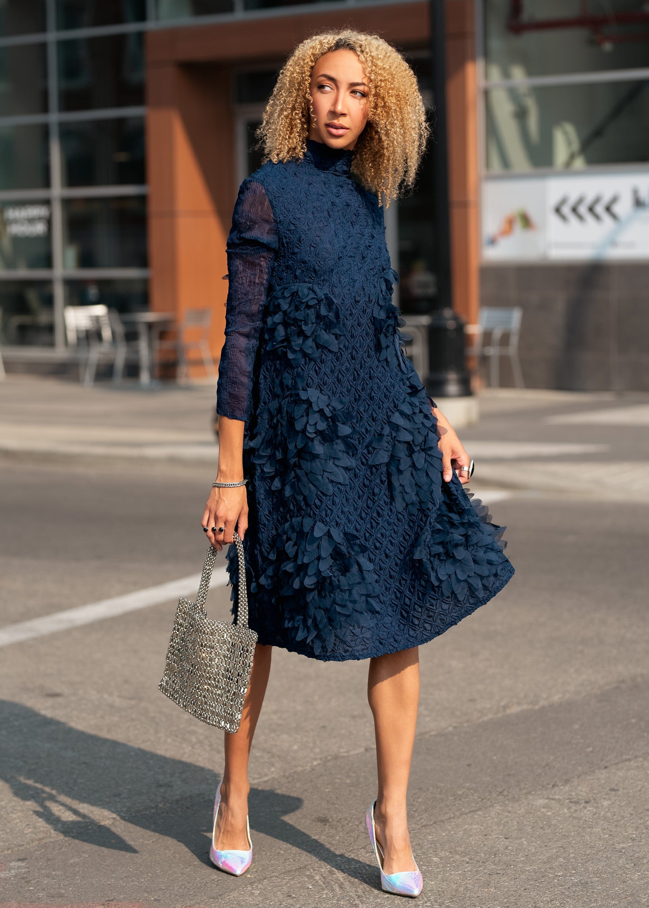 Mock Neck Textured Petal Dress - Kate Hewko Wine / One size Mock Neck Textured Petal Dress - Kate Hewko Wine / One size