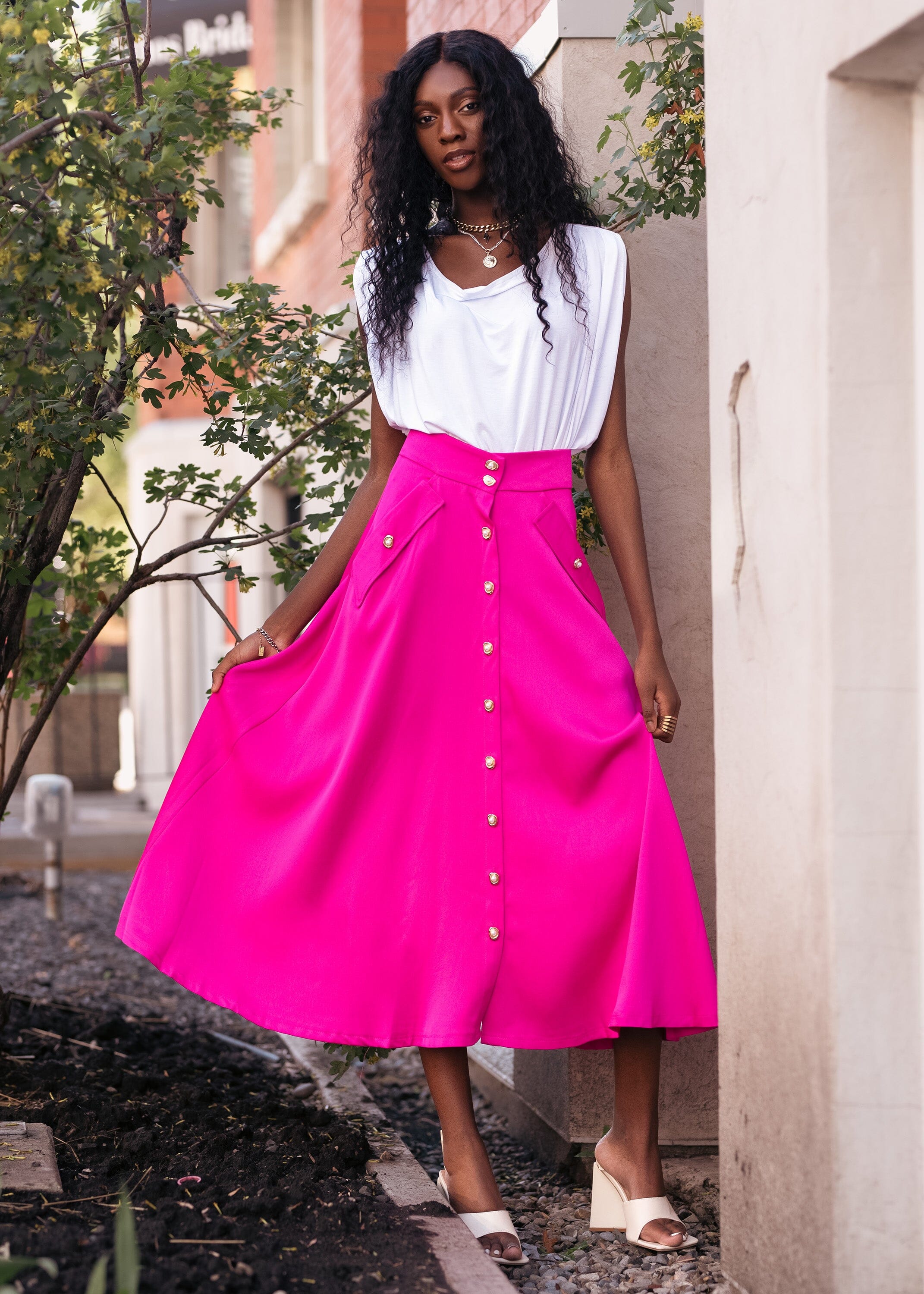 Pearl Button Down A line Skirt Skirts Kate Hewko Pink XS 
