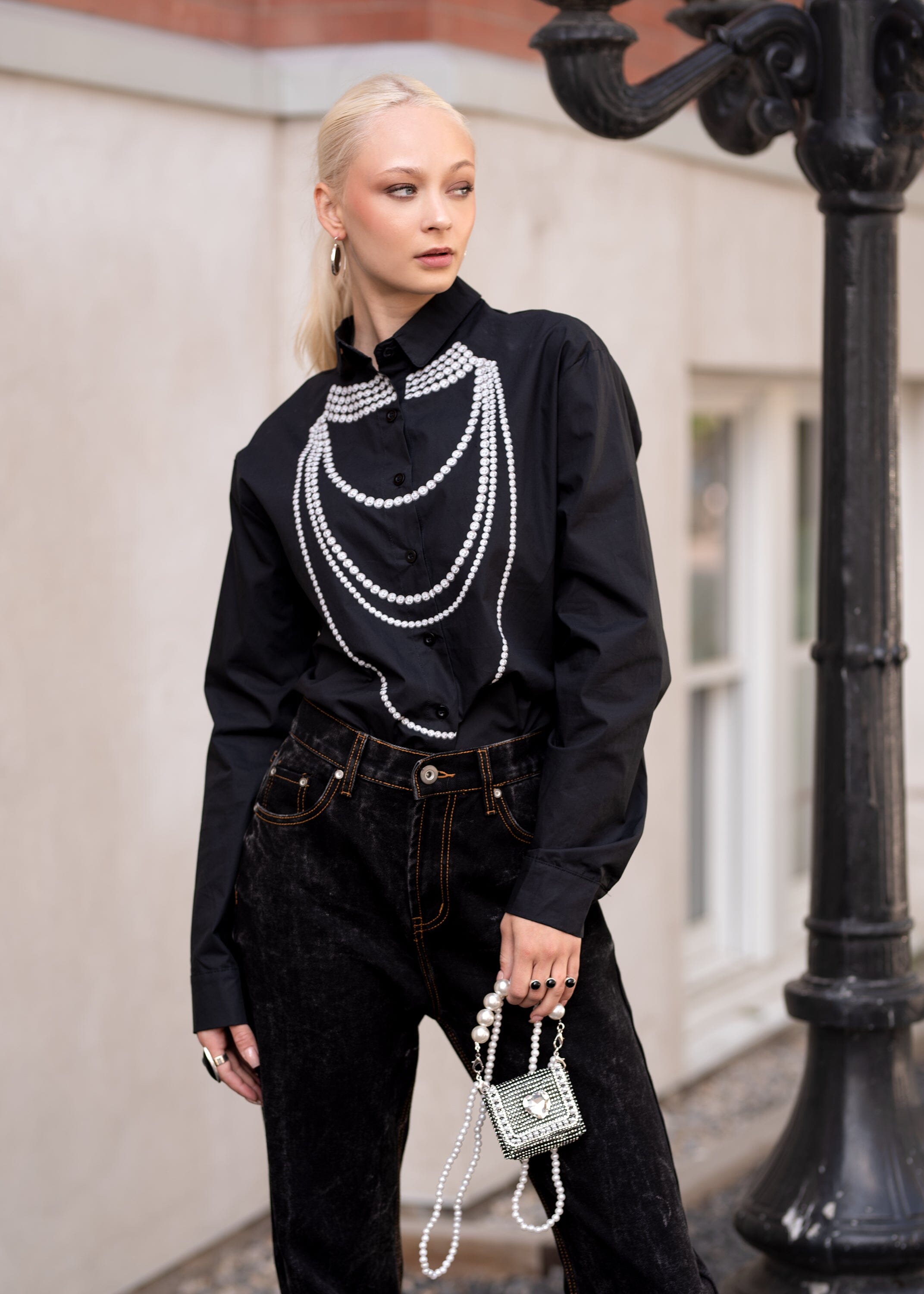 Pearl Printed Dress Shirt Blouses Kate Hewko Black One Size 