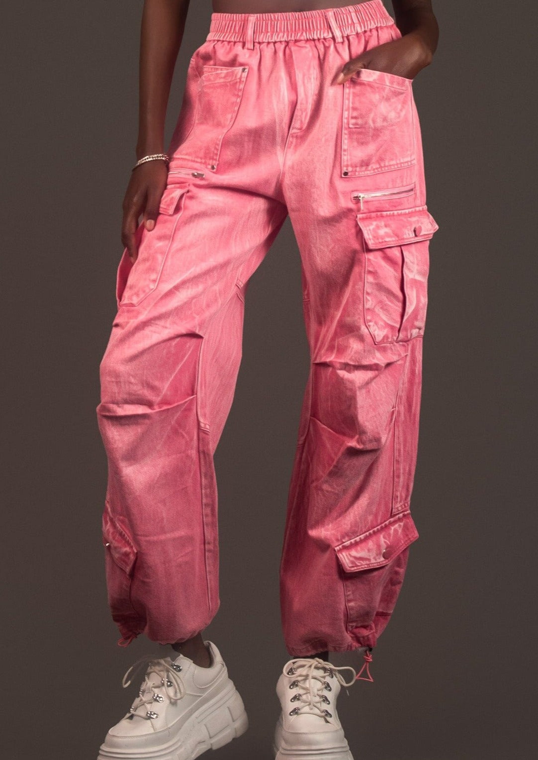 TKF2 Washed Pink Denim Wide-Leg Cargo Jeans