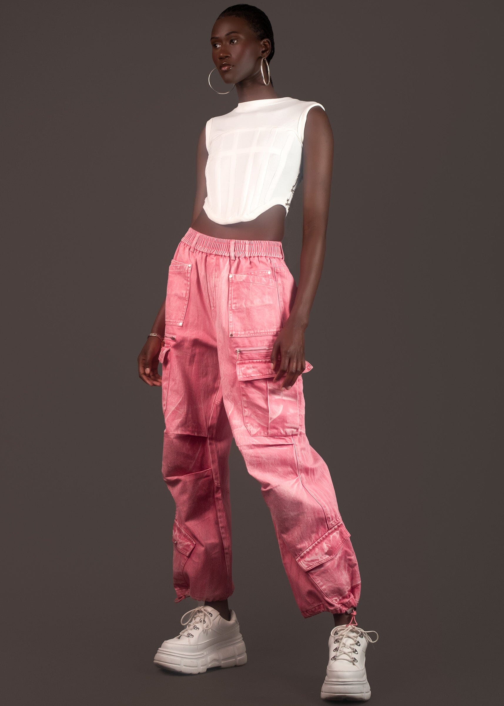 TKF2 Washed Pink Denim Wide-Leg Cargo Jeans