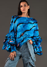 Printed Ruffle Sleeve Top Blouses Kate Hewko Blue One Size 