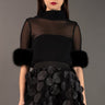 Sheer Fur Trim Mock Neck Top Blouses Kate Hewko Black S/M 