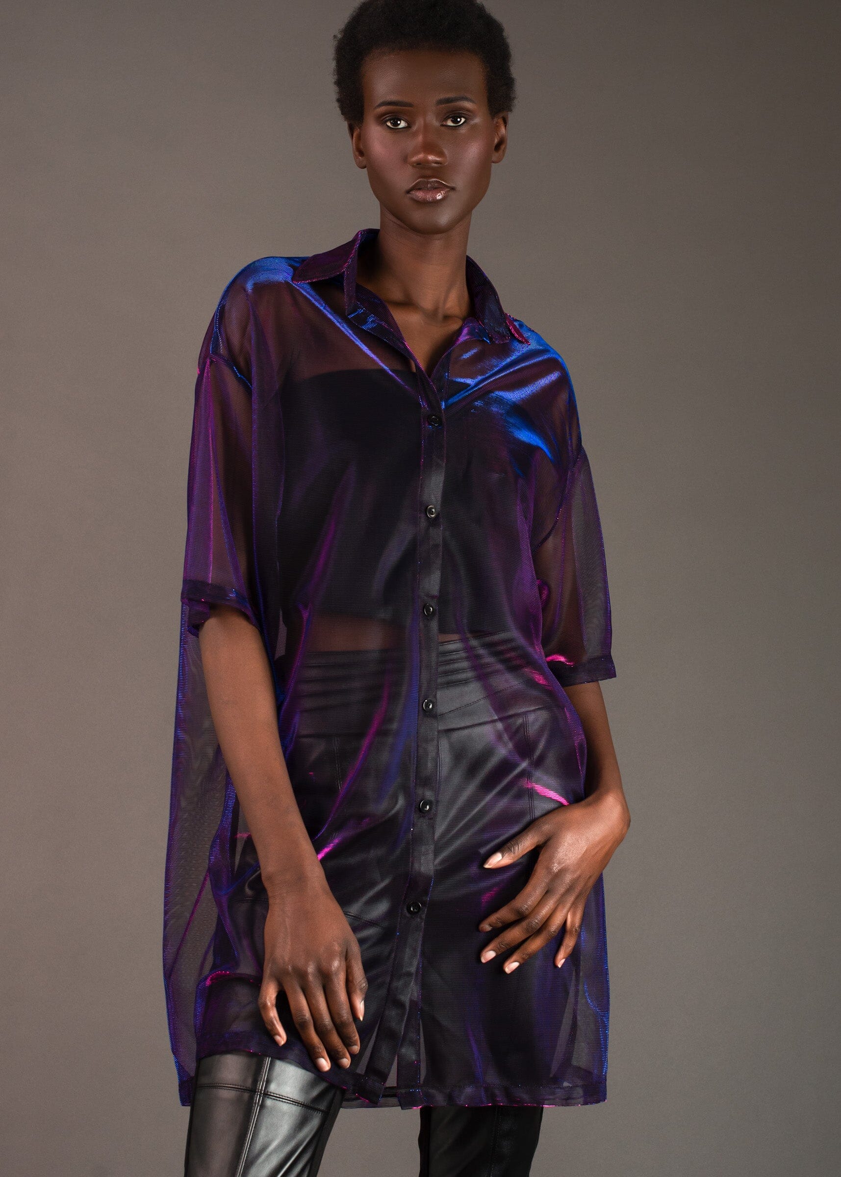 Sheer Metallic Button Up Layering Pieces Kate Hewko Violet One Size 